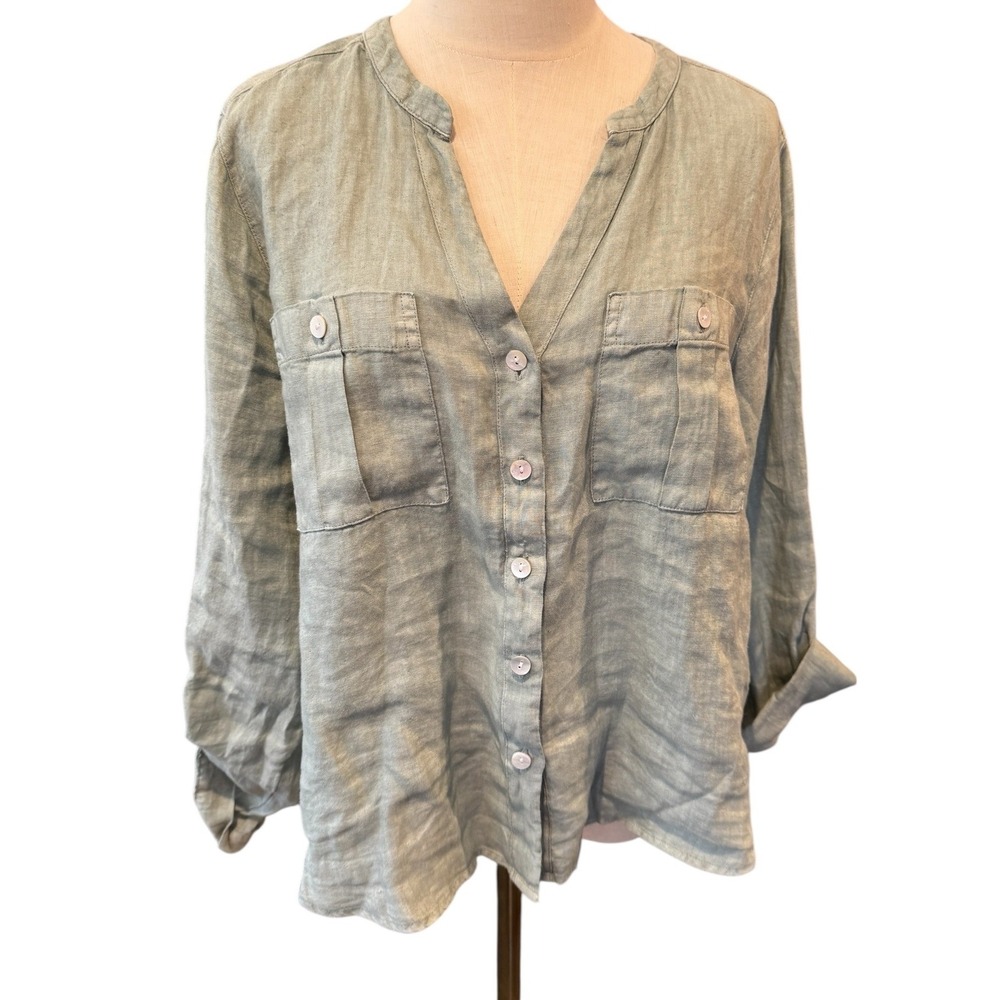 Isaac Mizrahi New York 100% Linen Button Up Shirt Sage Green Womens Large L